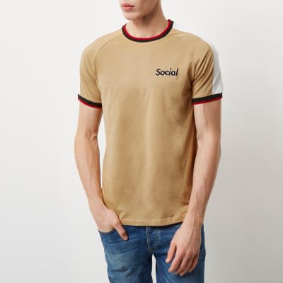Camel brown logo raglan T-shirt
